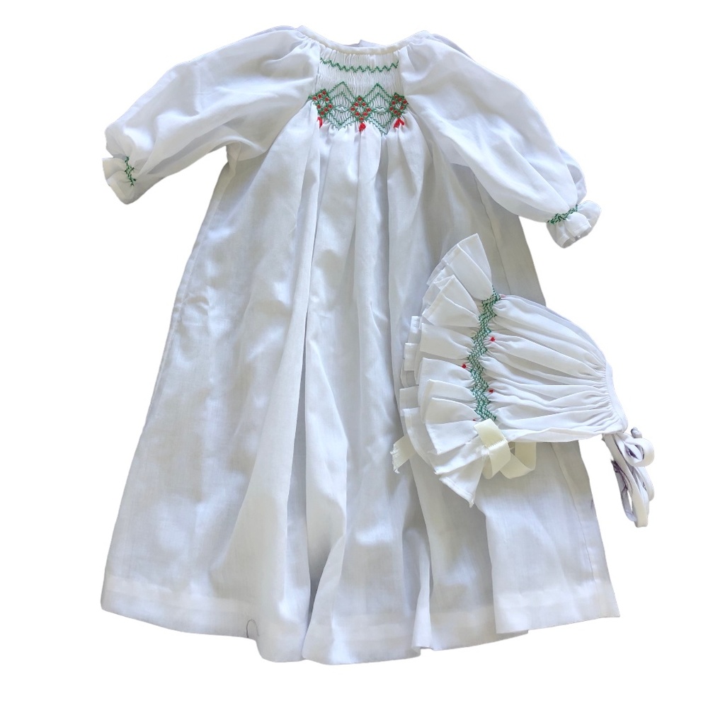 Snips n' Snails White Smocked Christmas Wreaths Dress Gown and Hat 0-3
